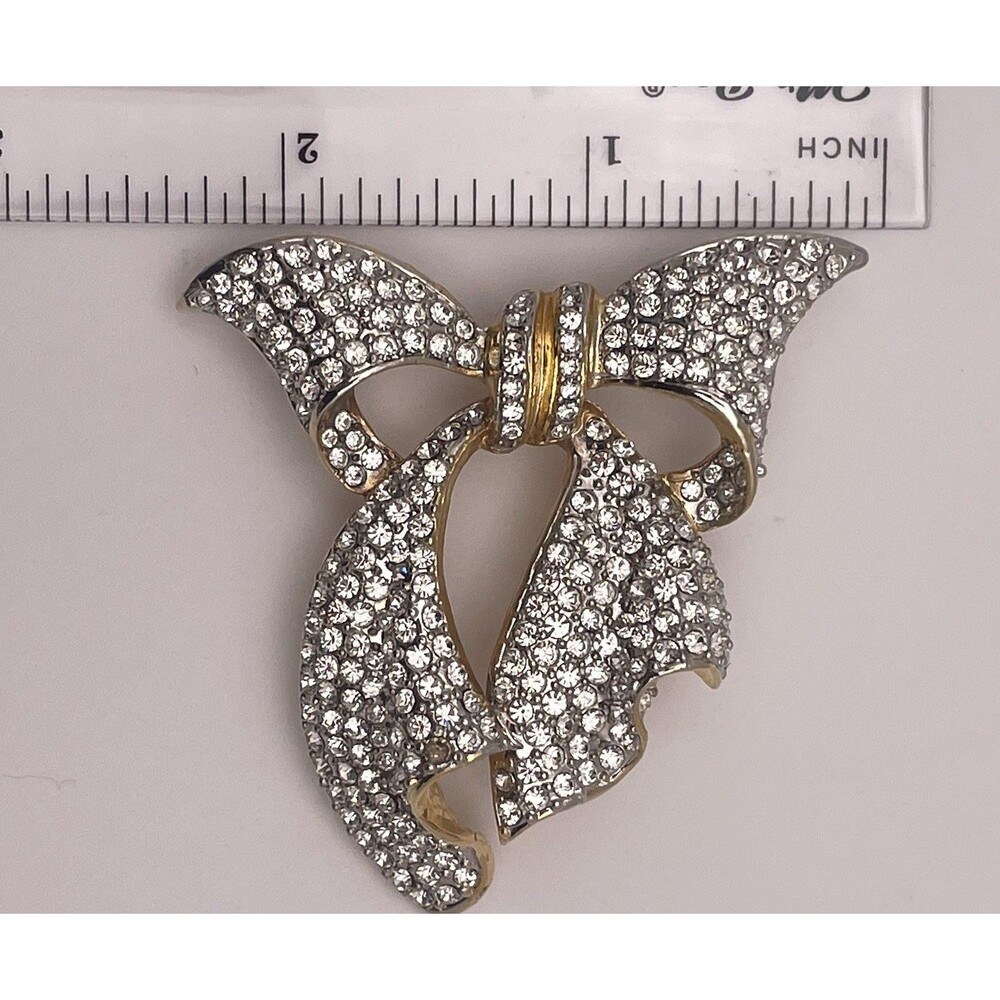 Sparkly Rhinestone Bow Gold Tone Brooch Pin - Picture 3 of 5